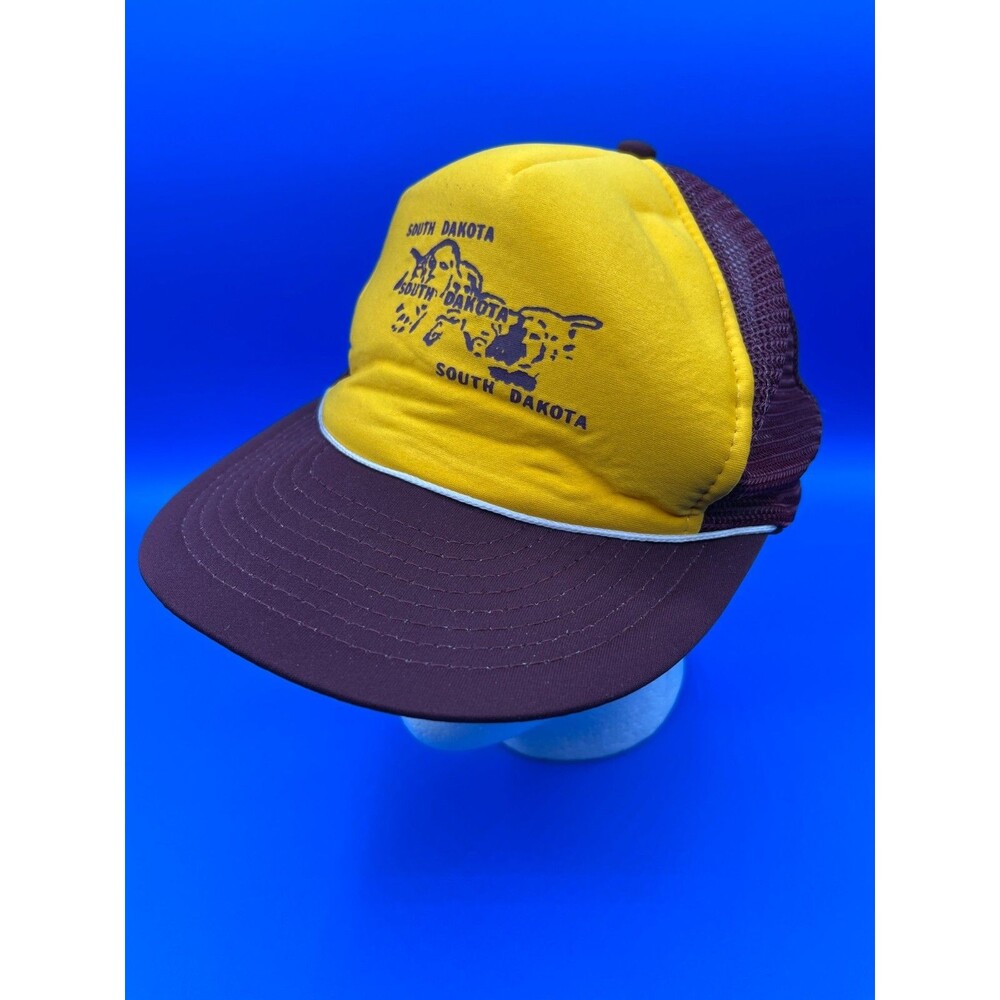 Vintage South Dakota Mt. Rushmore Trucker Hat Mesh Back Yellow Marroon Cap